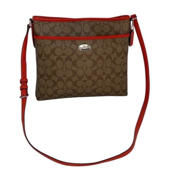 COACH Purse Shoulder Bag Crossbody Brown Red Coated Canvas Monogram Signature - Picture 1 of 13